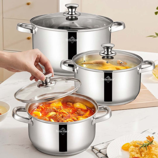Swiss Haus Set 3 Stainless Steel Saucepans 20 24 28cm Lids Silver