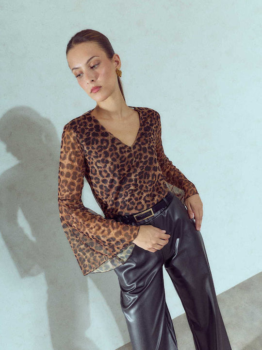 Celestino Bluza Damă Leopard Semi Transparentă Maro