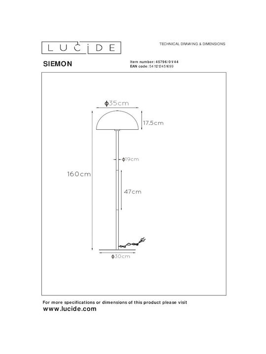 Lucide Lightning Siemon Floor Lamp H160xW35cm. with Socket for Bulb E27 Yellow