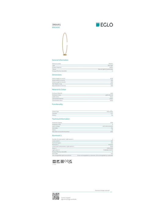 Eglo Bogado LED Floor Lamp H143xW40cm. with Adjustable White Light