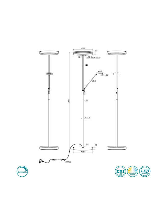 Trio Lighting Franklin LED Stehleuchte H181xB35.2cm. mit Einstellbarem Weißem Licht 4100lm Schwarz