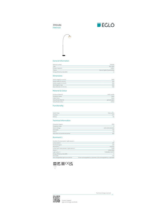 Eglo Pantoja LED Floor Lamp H160xW92cm. with Adjustable White Light
