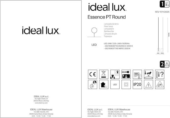 Ideal Lux Essence LED Floor Lamp H160.5xW10cm. with Warm White Light 2400lm White