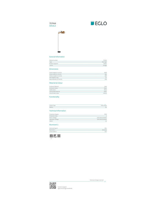 Eglo Siruela Floor Lamp H160xW23cm. with Socket for Bulb E27 Beige