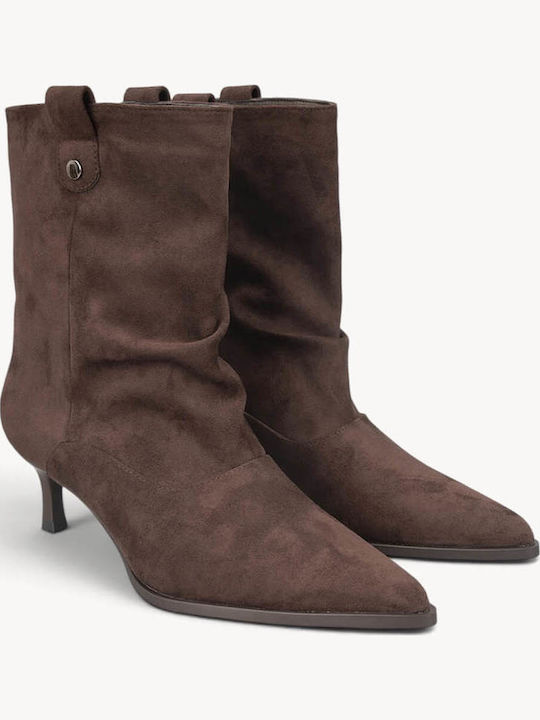 Brown Suede Ankle Boots Metallic Button Kitten Heel