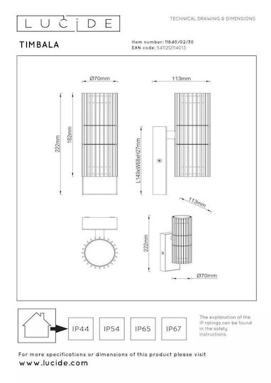Lucide Lightning Timbala Стенно Външно Спот GU10 IP44