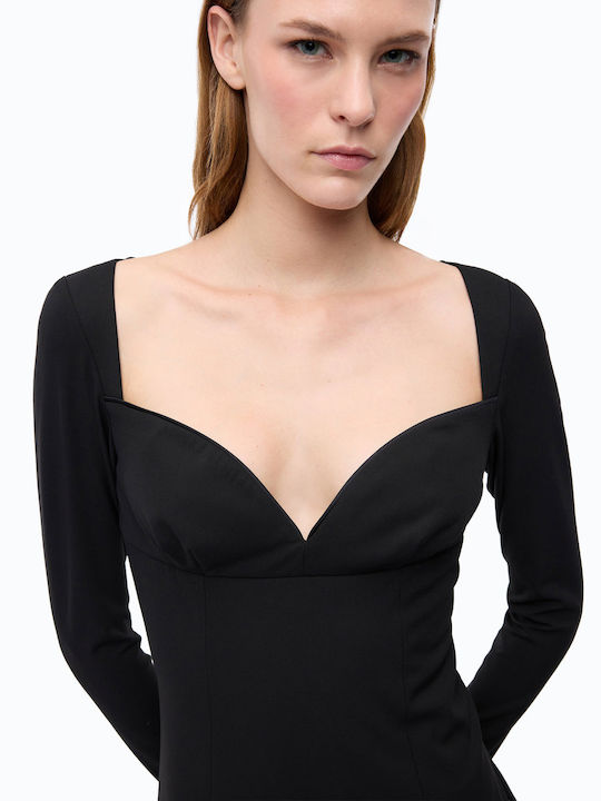 Midi Evening Satin Dress with Ruffles Black