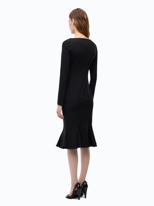 Midi Evening Satin Dress with Ruffles Black