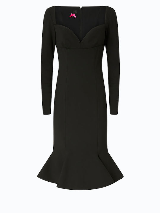 Midi Evening Satin Dress with Ruffles Black