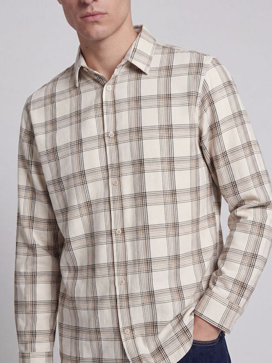 Long Sleeve Checked Beige Shirt