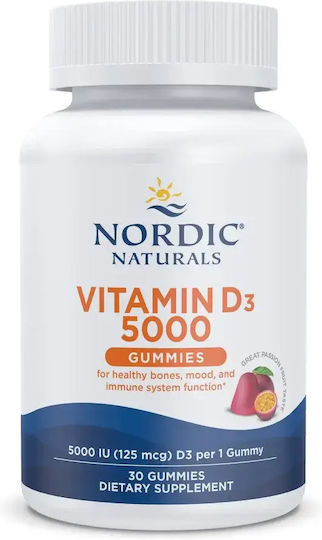 Nordic Naturals Vitamina D3 pentru Întărirea Imunității și Sănătatea Oaselor 5000 IU 5 mg Passion Fruit 2 g 60 Gummies