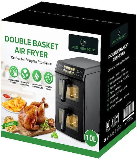 Just Perfecto iCook Heißluftfritteuse mit Doppeltem Abnehmbaren Behälter 10lt Schwarz