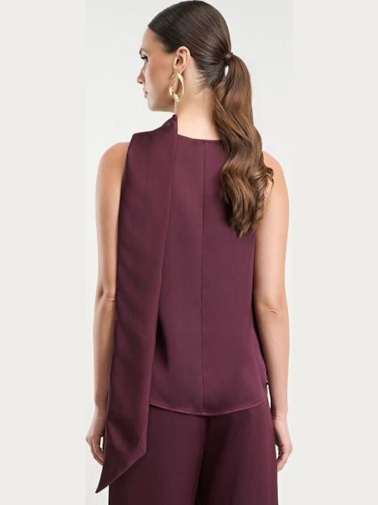 Damen Bluse Satin Ärmellose Drapierung Burgundisch