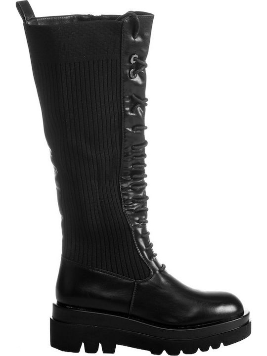 Damenstiefel aus Leder mit Mittelhohem Absatz Schwarz