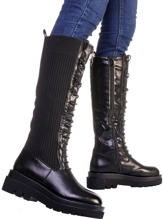 Damenstiefel aus Leder mit Mittelhohem Absatz Schwarz