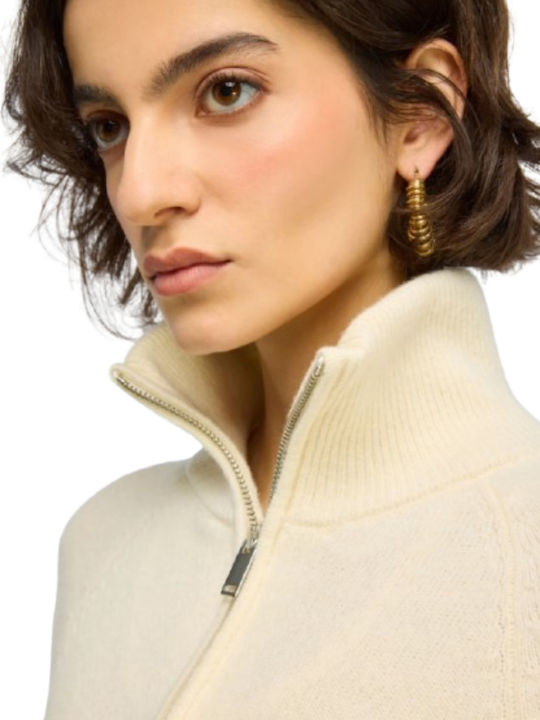 Winter Women's Fleece Long Sleeve Blouse with Zipper Beige