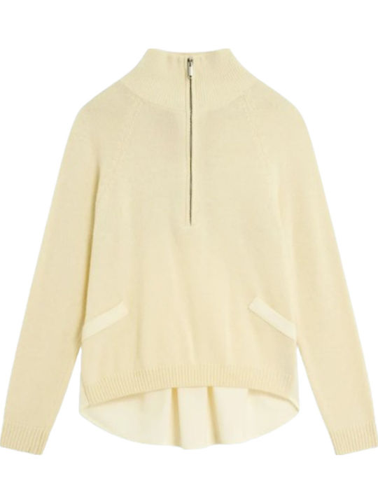 Winter Women's Fleece Long Sleeve Blouse with Zipper Beige