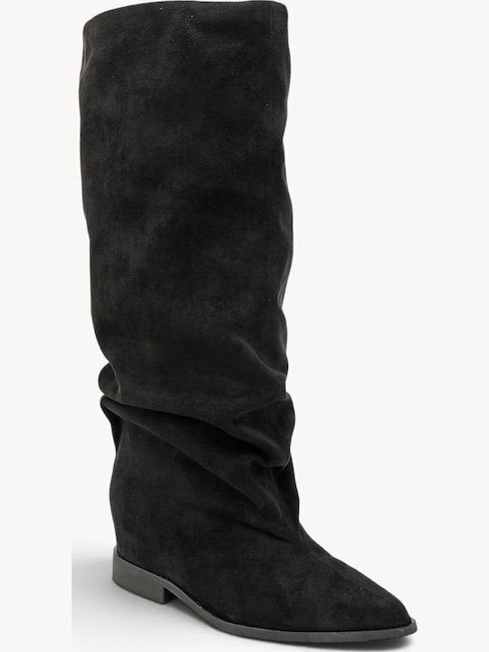 Schwarze Wildleder Damenstiefel Lockerer Korpus Weiche Falten