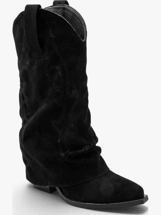Cizme Negre de catifea cu Toc Cowboy Acoperit