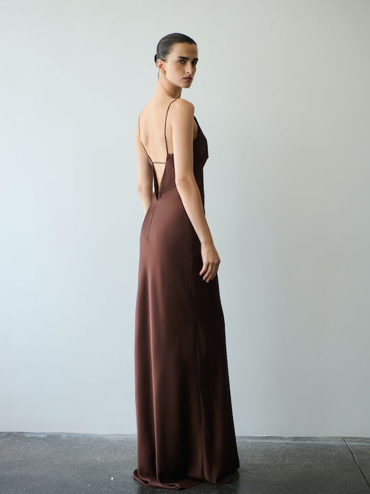 Sommer Maxi Abendkleid Slip Dress Satin Off-Shoulder Cinnamon Braun