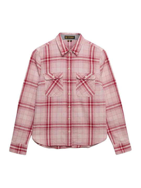 Lumberjack Flannel Long Sleeve Women's Shirt Pink White Check Checked