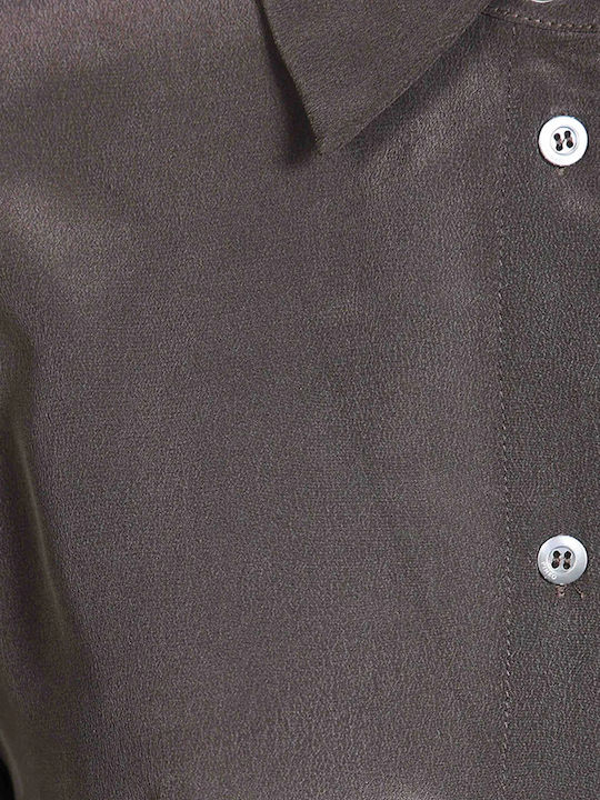 Langärmeliges Damen-Satin-Halbknopfhemd Braun