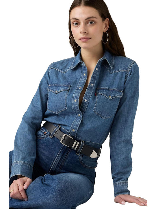 Western Langärmeliges Damen Denim Hemd Blau Blau