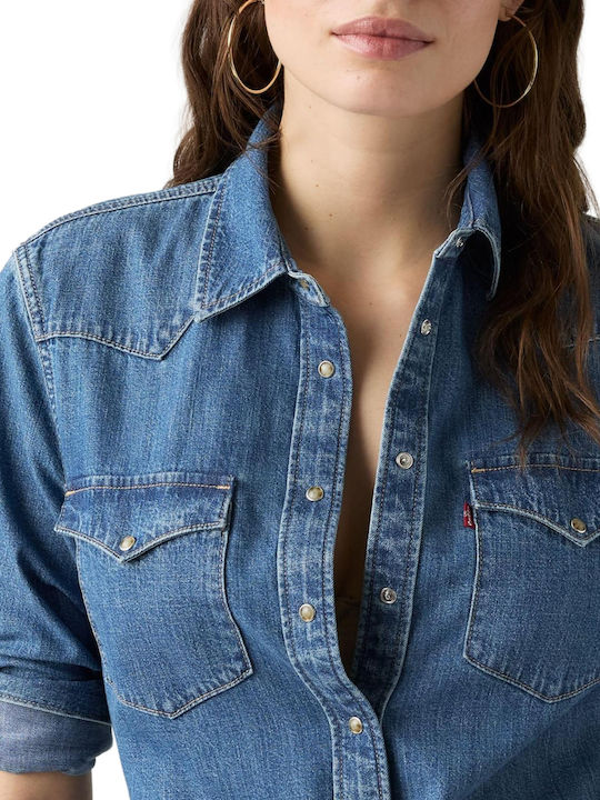 Western Langärmeliges Damen Denim Hemd Blau Blau