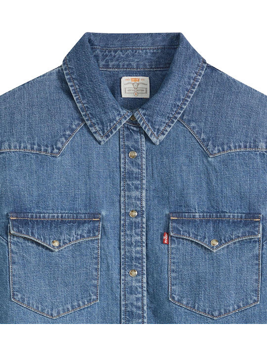 Western Langärmeliges Damen Denim Hemd Blau Blau