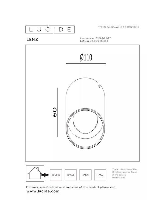 Lucide Lightning Lenz Outdoor Ceiling Spot with Integrated LED in Orange Color 33805/08/97