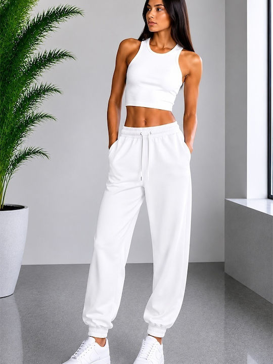 Pantaloni de trening cu talie înaltă cu elastic White