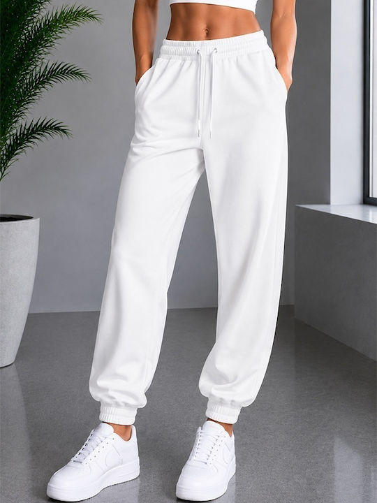 Pantaloni de trening cu talie înaltă cu elastic White