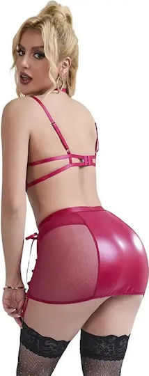 Σετ Bralette & Mini Φούστα Wet Look & Δίχτυ L Xl Κόκκινο