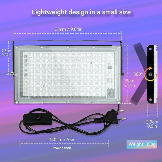 Glostars Proiector UV LED 100W IP66 395-400 Nm Lumină Neagră 395–400 Nm IP66 Rezistent la Apă 96 LED Unghi 180° Carcasă din Aluminiu Întrerupător + Cablu de 1.5 M Suport Reglabil 360° Petreceri Bar Club Halloween Scenă