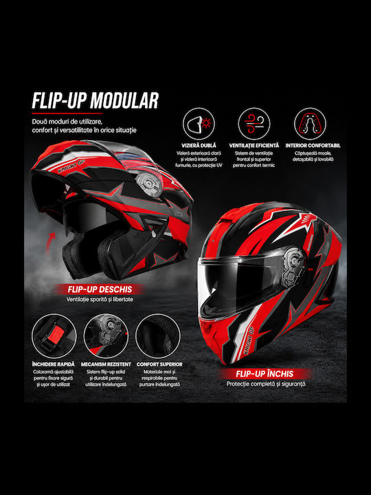 FIXATO Viper Red Cască Moto Flip-Up ECE 22.06 cu Vizieră Solară