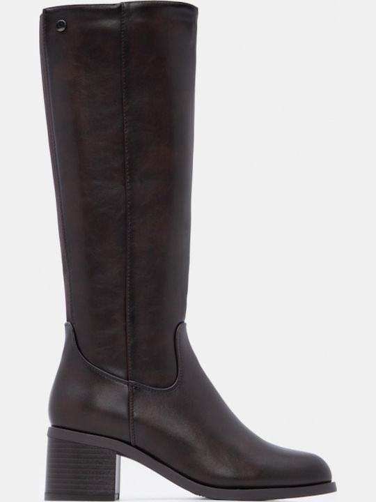 Suede Women's Boots with Mid Heel Brown