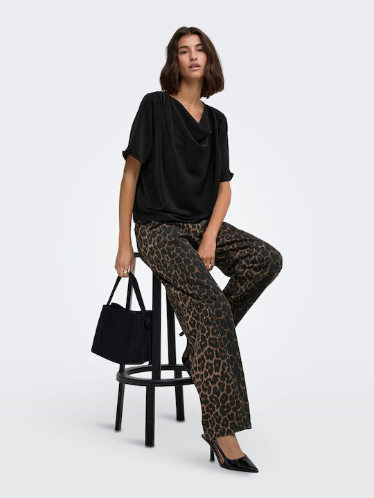 Damen Bluse Kurzärmelig Drapierung Schwarz