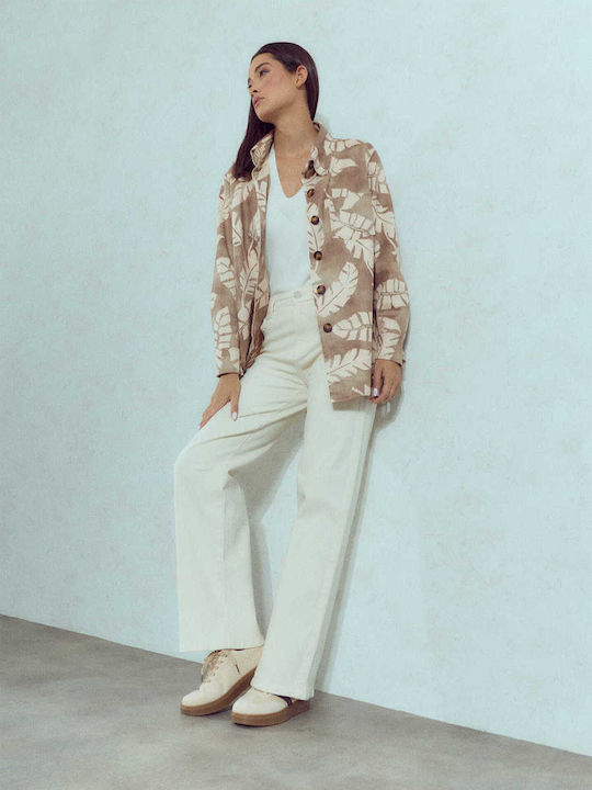Jachetă Suede Imprimeu Loose Fit Maro Deschis