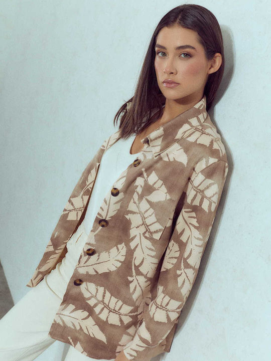 Jachetă Suede Imprimeu Loose Fit Maro Deschis
