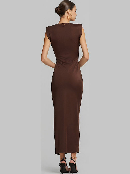 Summer Maxi Evening Shirt Dress Satin Brown