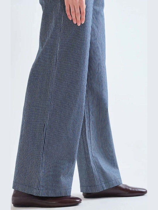 Pantaloni Dama Cu Talie Înaltă Din Țesătură În Croială Regulară White-blue