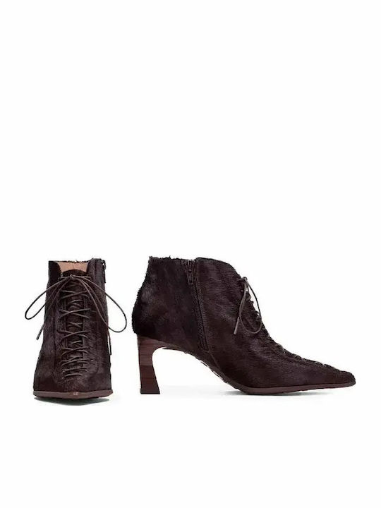 Leather Women's Ankle Boots with Mid Heel Brown
