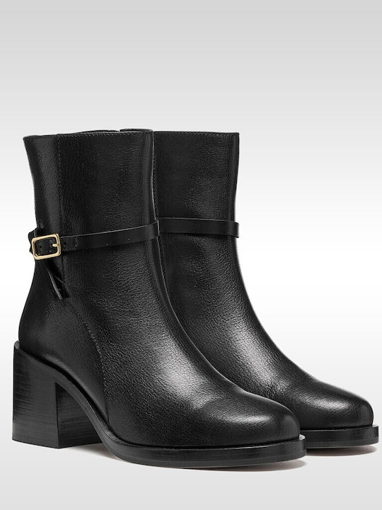 Leather Women's Ankle Boots with Mid Heel Black