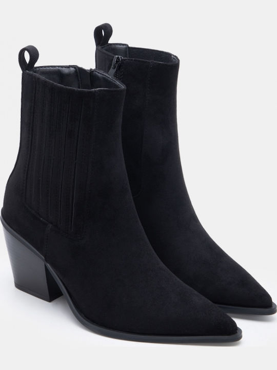 Suede Women's Ankle Boots Cowboy with Heel Black
