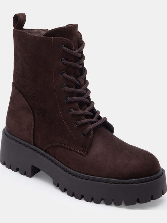 Suede Women's Combat Boots with Medium Heel Brown