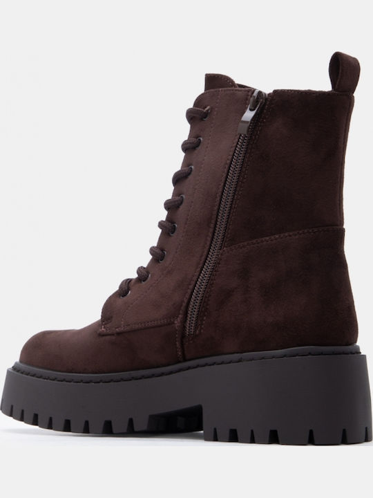 Suede Women's Combat Boots with Medium Heel Brown