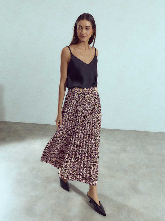Celestino Fustă Pentru Femei Plisată Leopard Loose Fit Maro