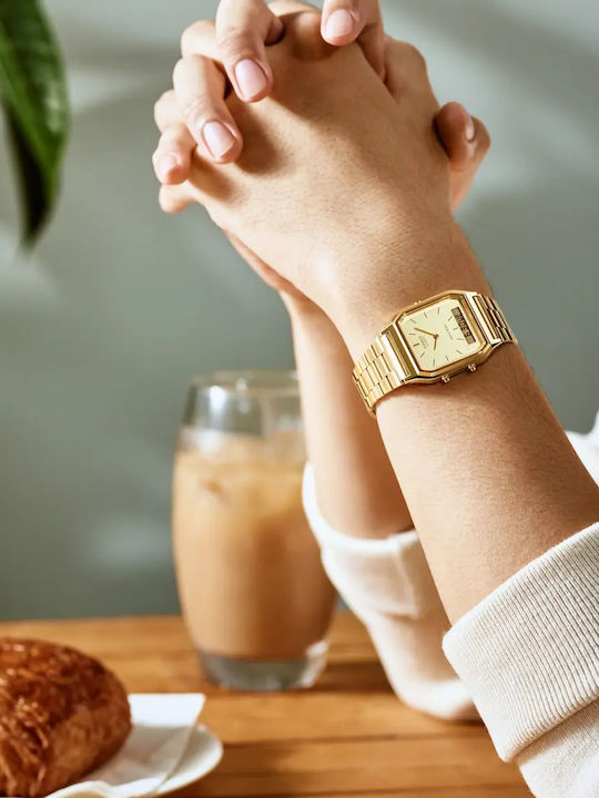 Casio Vintage Αναλογικό/Ψηφιακό Ανδρικό Ρολόι 28mm Μπαταρίας με Χρυσό Ατσάλινο Μπρασελέ
