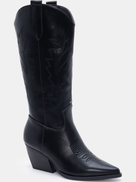 Suede Women's Boots Cowboy with Mid Heel Black
