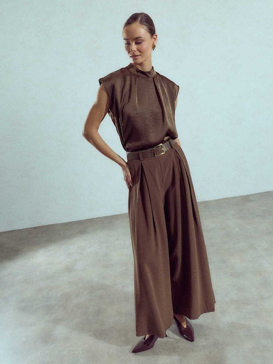 Celestino Γυναικεία Παντελόνα Αποσπώμενη Ζώνη Loose Fit Καφέ